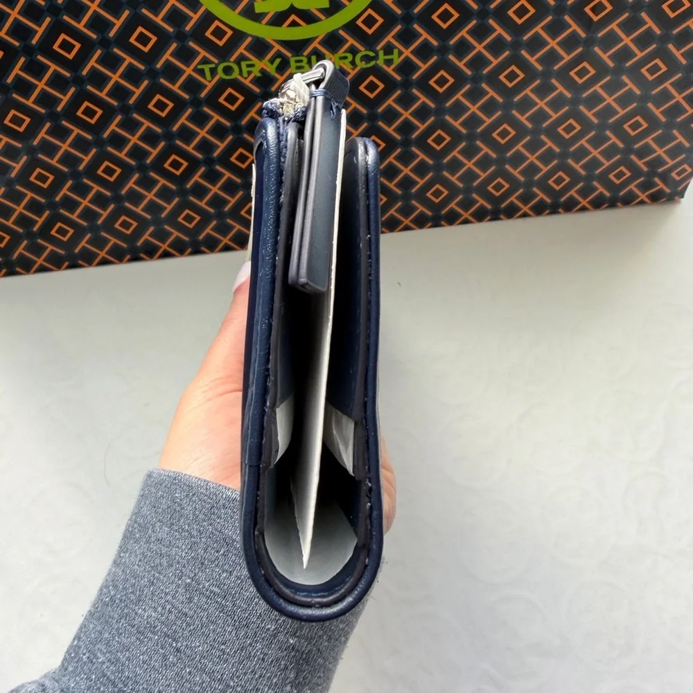 Tory Burch Nylon Small Slim Envelope Wallet Tory Navy Blue Silver